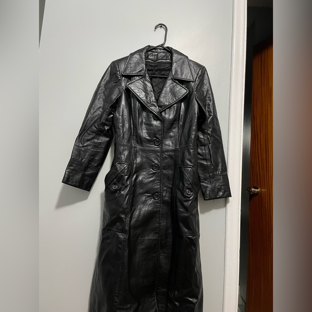 Vintage black leather long coat
